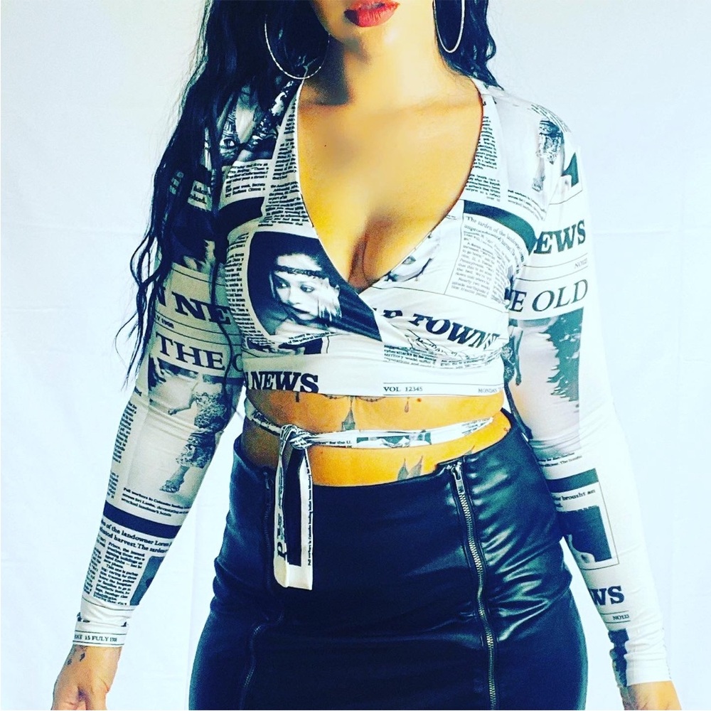 Newspaper Print V-Neck Long Sleeve Top